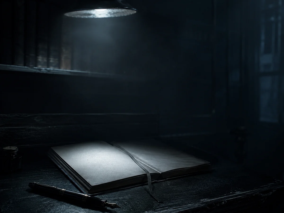 A cold author desk inside Night Vendor, lit after closing.