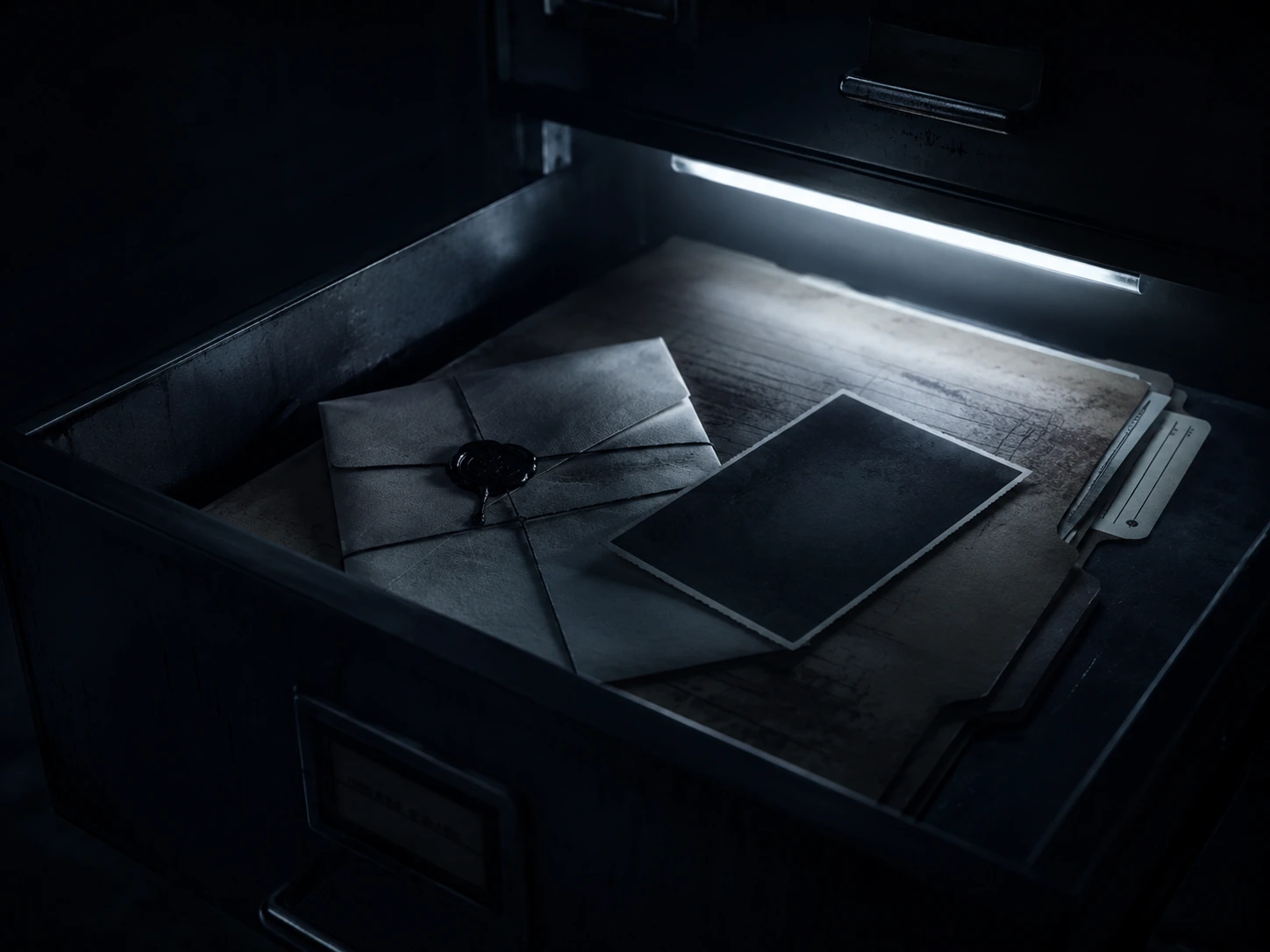 A dark after-closing archive drawer holding sealed evidence files under a cold light.